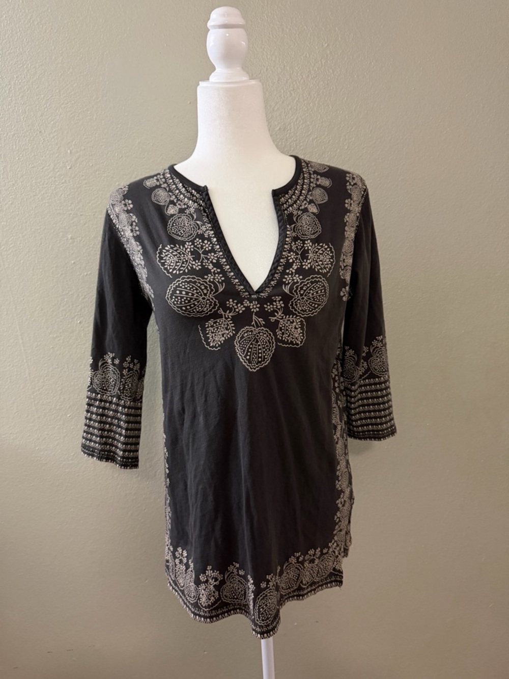 Vintage Lucky Brand Black & Cream Floral Boho Tunic Top Size M Y2K